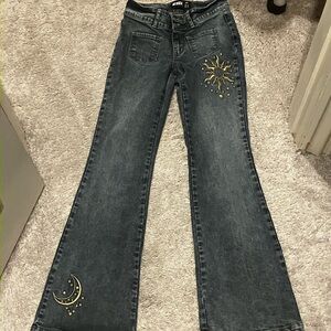 Flare Wide Leg Jeans with Star and Moon Embroidery